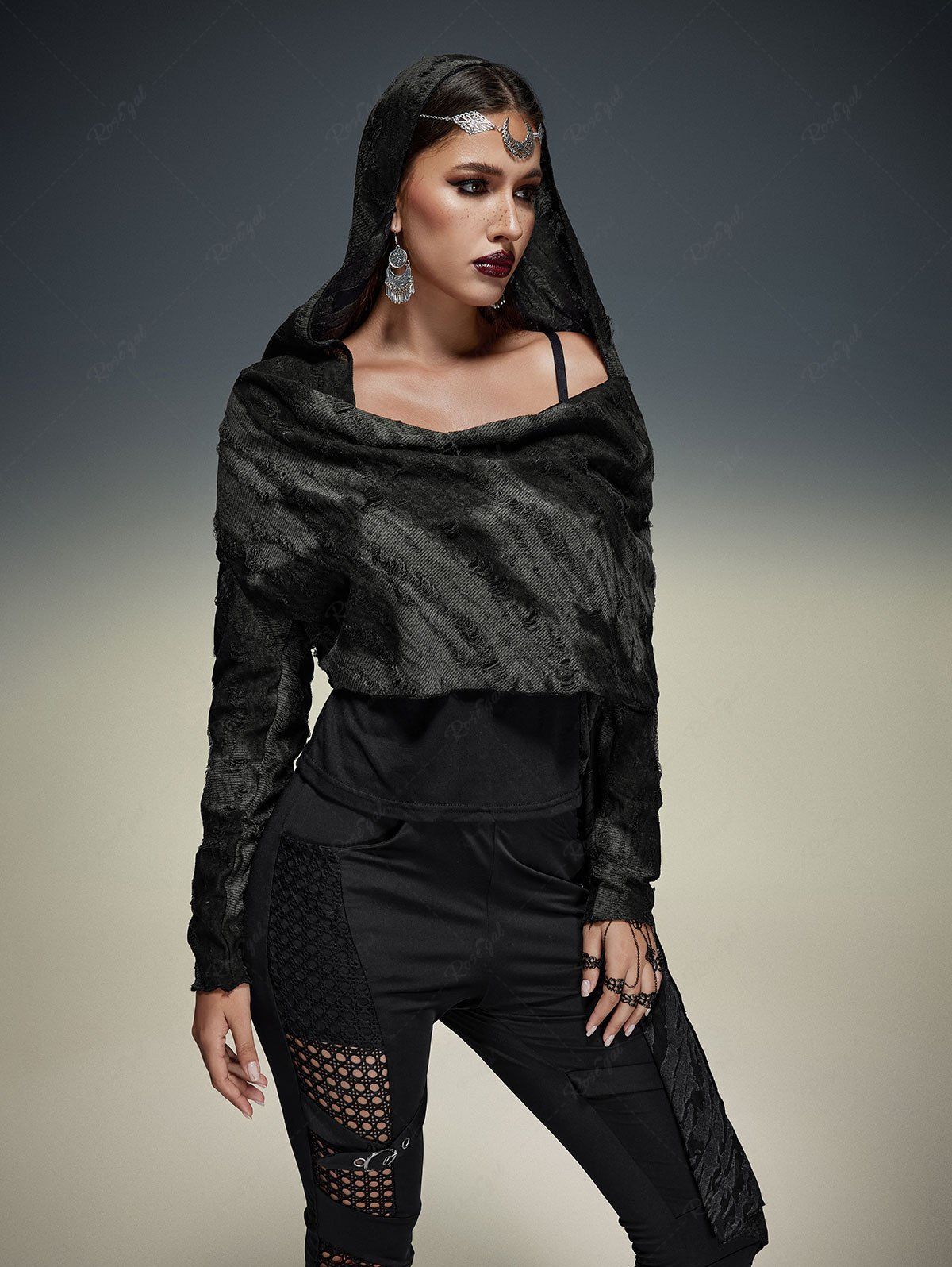 Gothic Tie Dye Ripped Hooded Asymmetric Tops