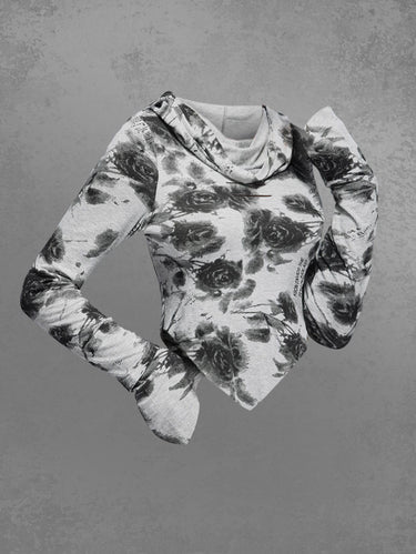 Gothic Plus Size Distressed Floral Print Asymmetric Hooded Long Sleeves T-shirt