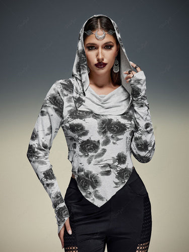 Gothic Plus Size Distressed Floral Print Asymmetric Hooded Long Sleeves T-shirt