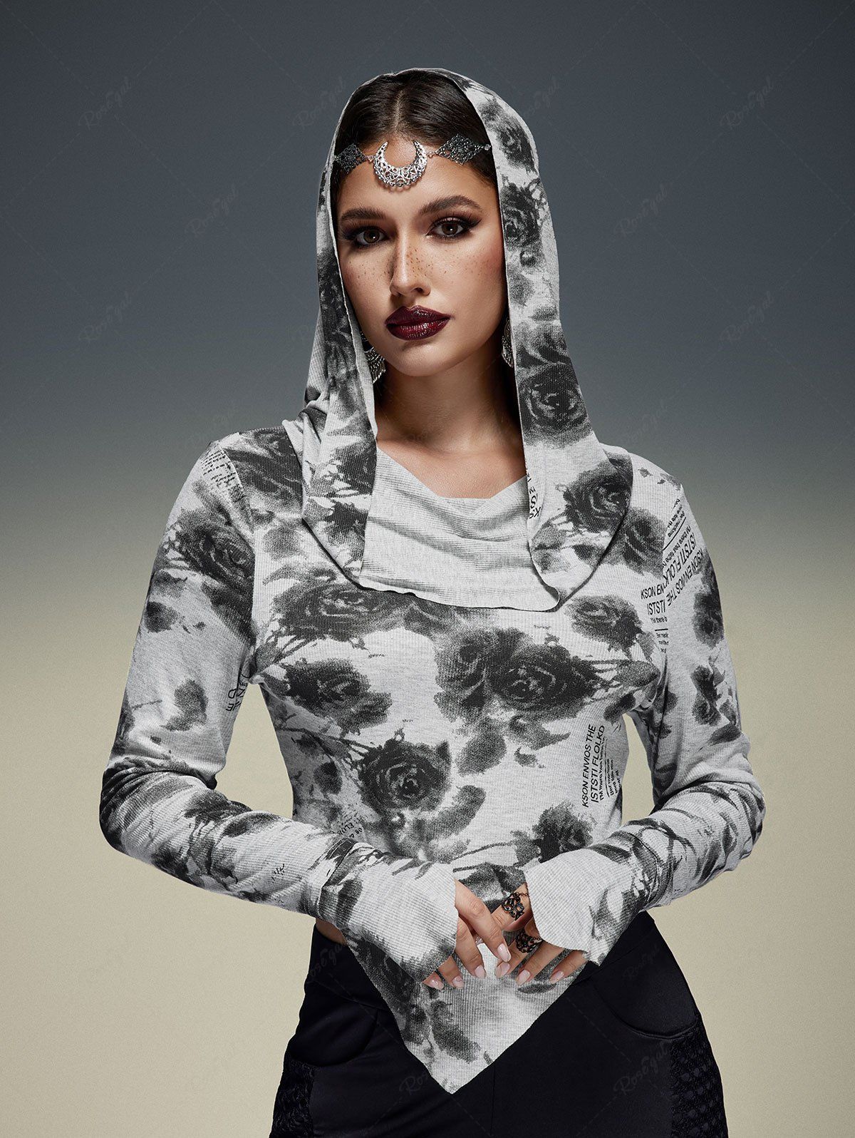 Gothic Distressed Floral Print Asymmetric Hooded Long Sleeves T-shirt