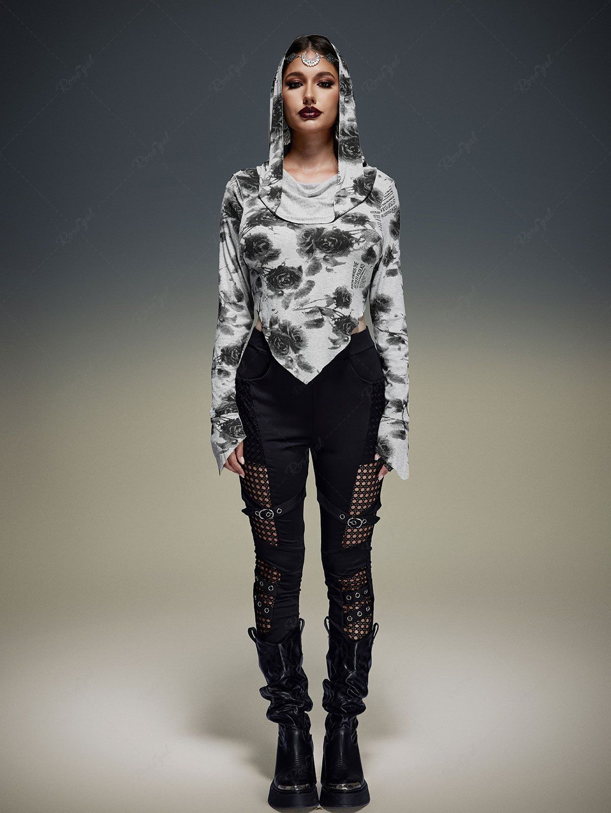 Gothic Distressed Floral Print Asymmetric Hooded Long Sleeves T-shirt