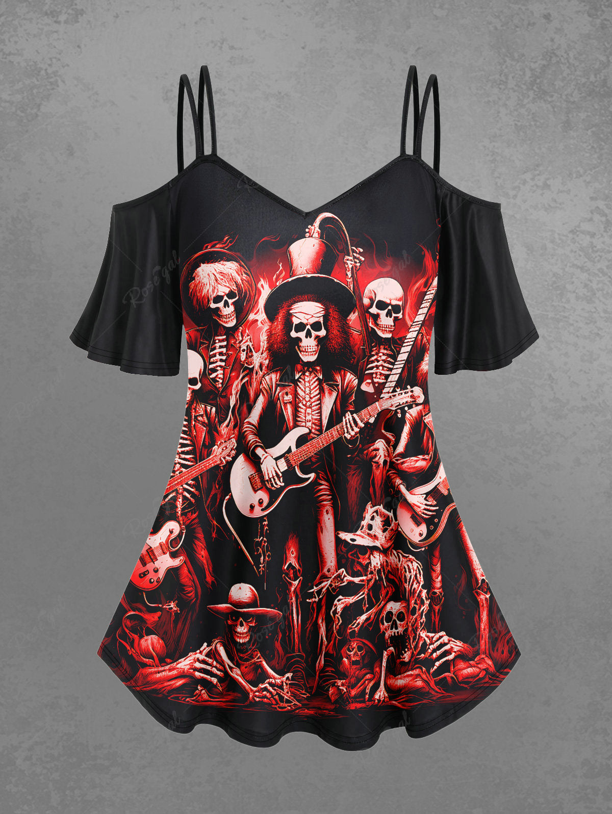 💗Tabbytragedy Loves💗 Gothic Halloween Costume Skeleton Guitar Bloody Print Cold Shoulder Cami T-shirt
