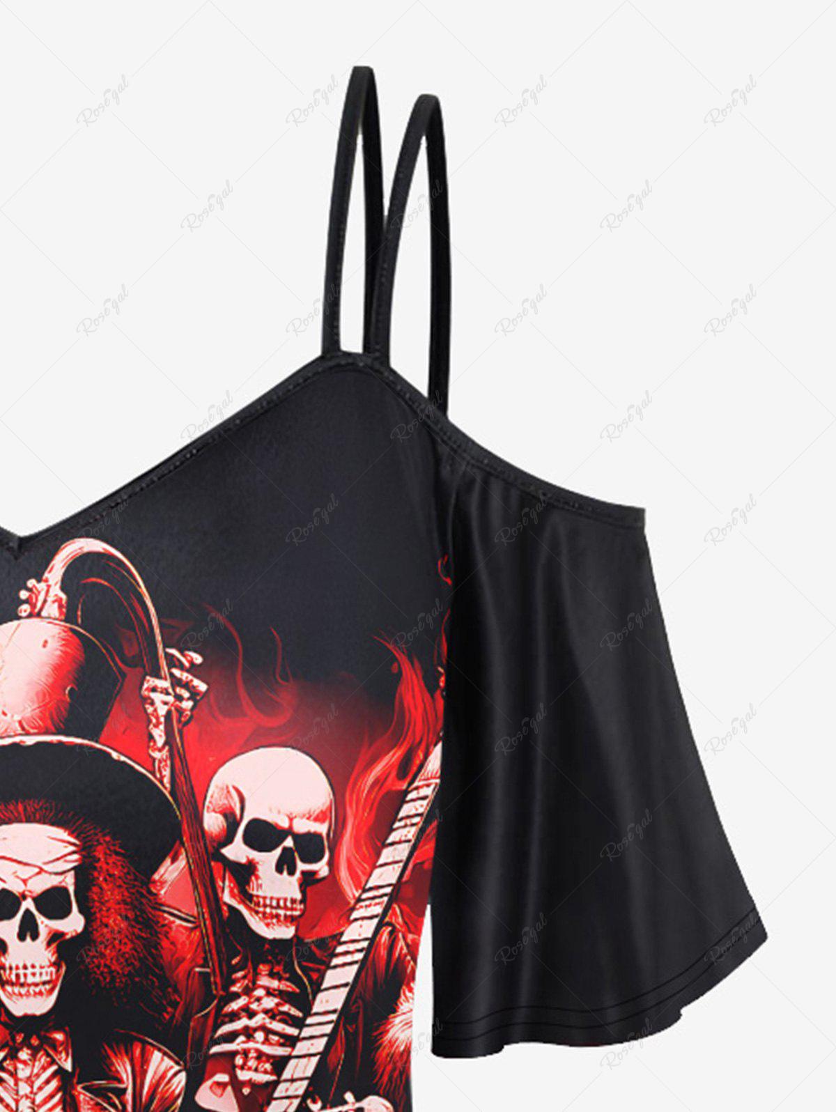 💗Tabbytragedy Loves💗 Gothic Halloween Costume Skeleton Guitar Bloody Print Cold Shoulder Cami T-shirt