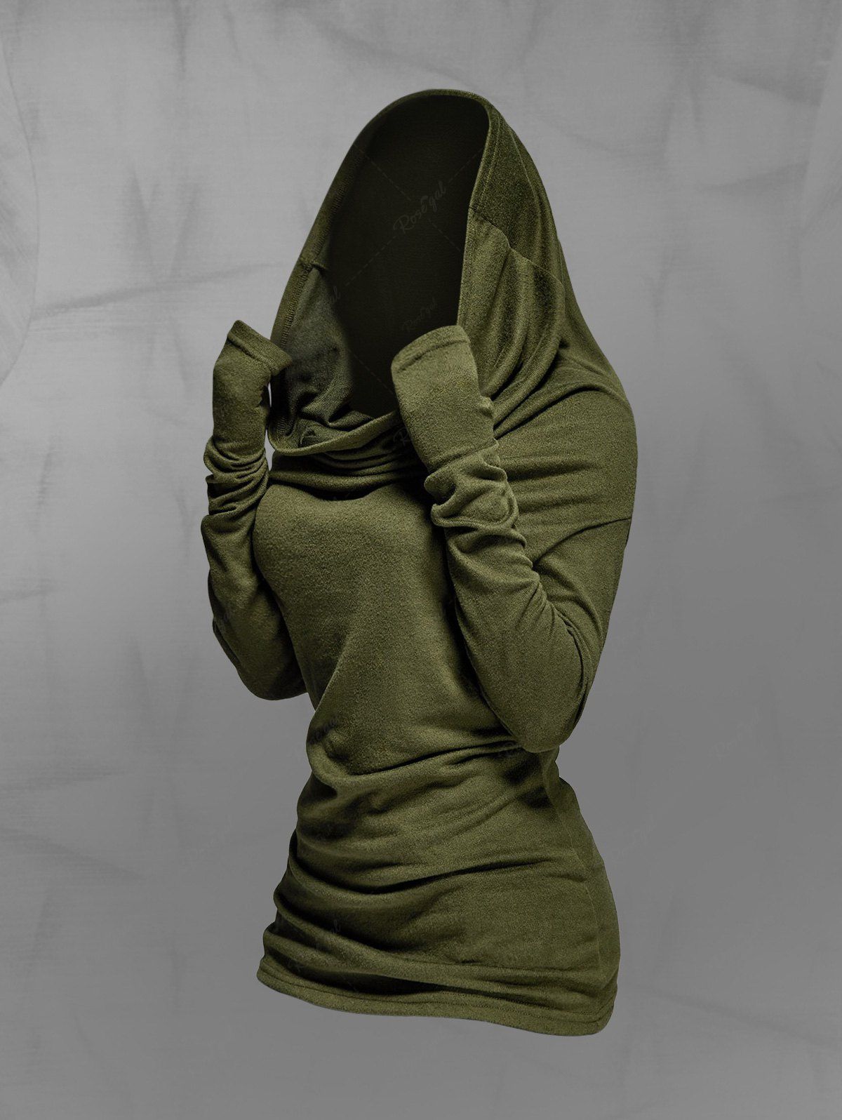 Post-Apocalyptic Style Gothic Thumbhole Ruched Cowl Neck Solid Hooded Tops