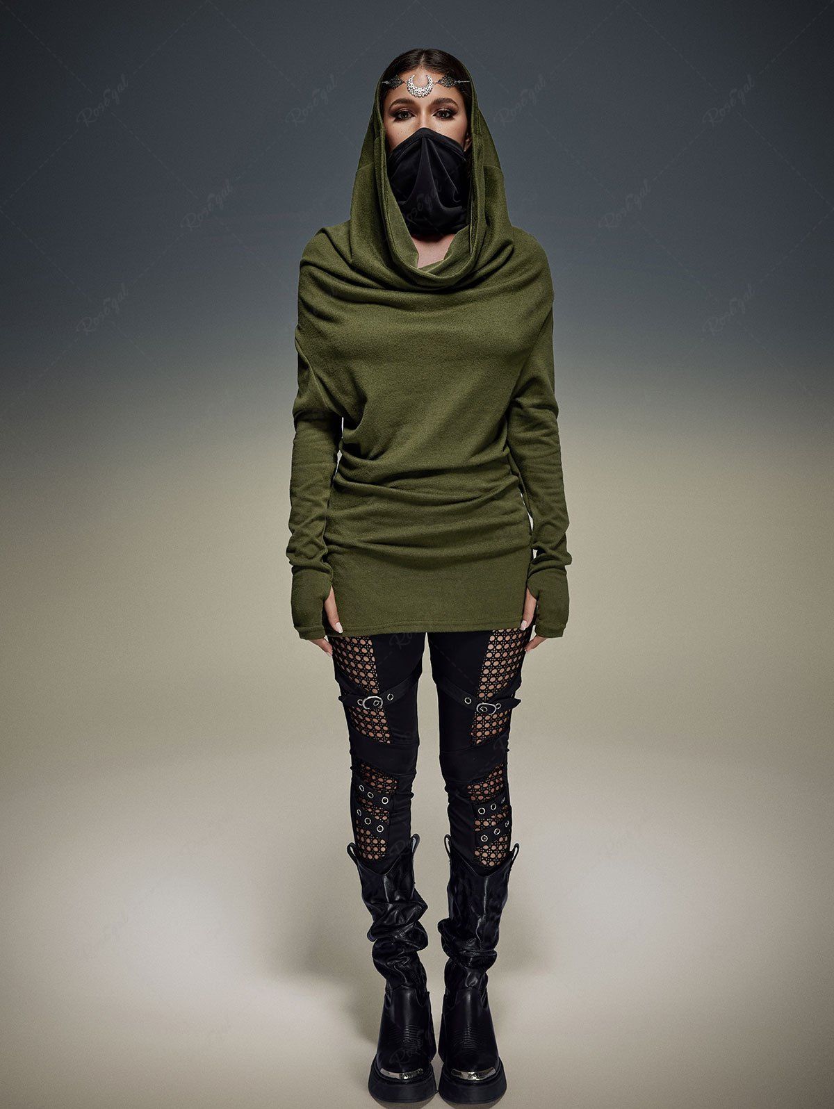 Post-Apocalyptic Style Gothic Thumbhole Ruched Cowl Neck Solid Hooded Tops