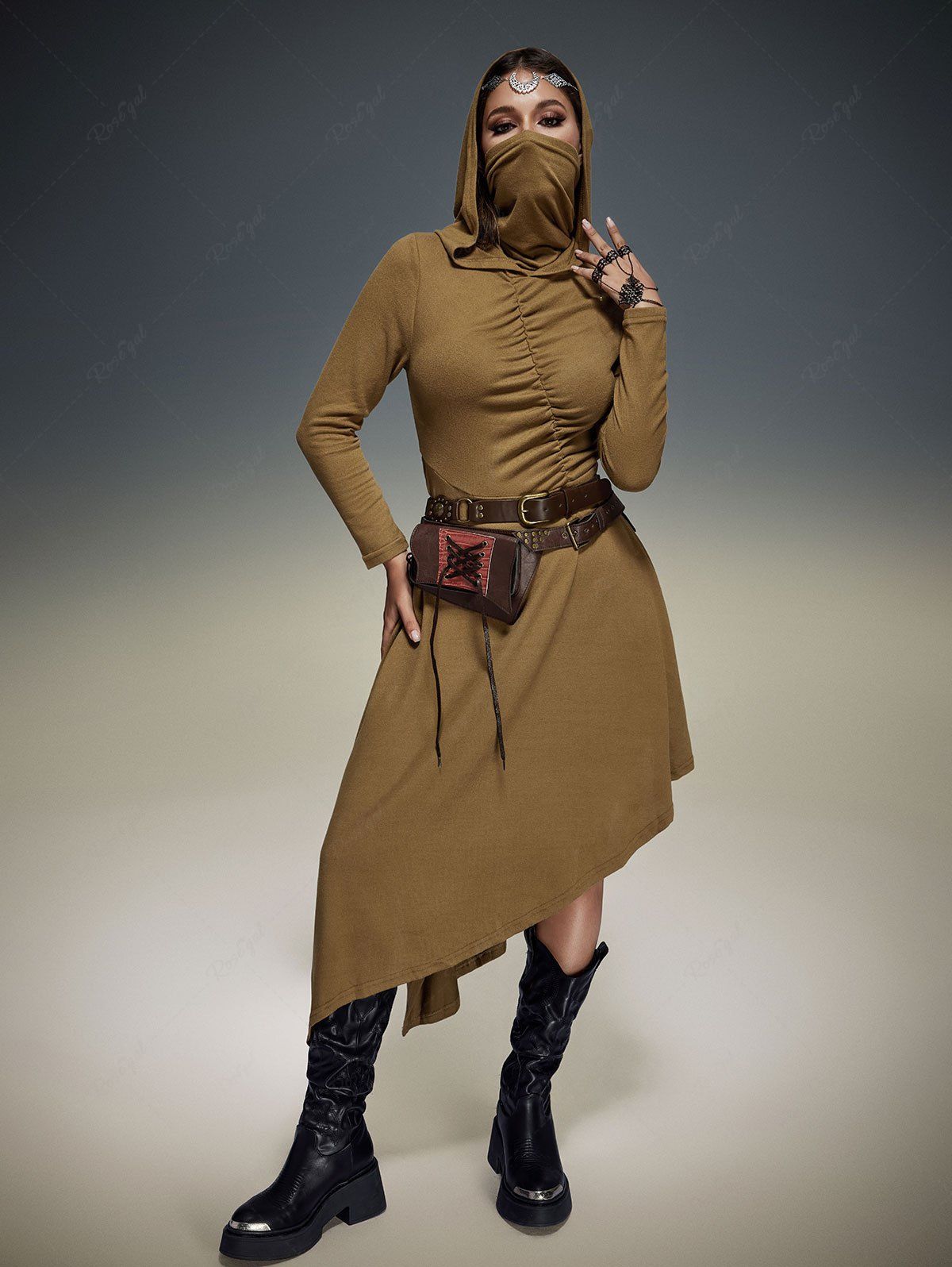 Post-Apocalyptic Style Gothic Cowl Neck Ruched Asymmetric Hooded Solid Dress