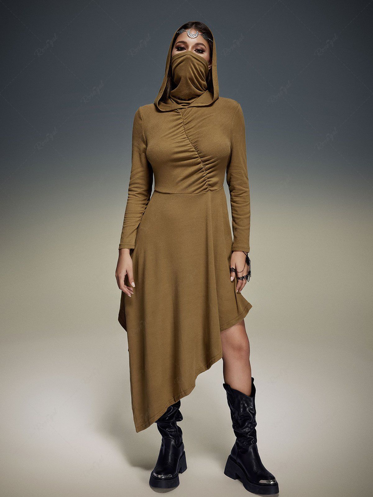Post-Apocalyptic Style Gothic Cowl Neck Ruched Asymmetric Hooded Solid Dress