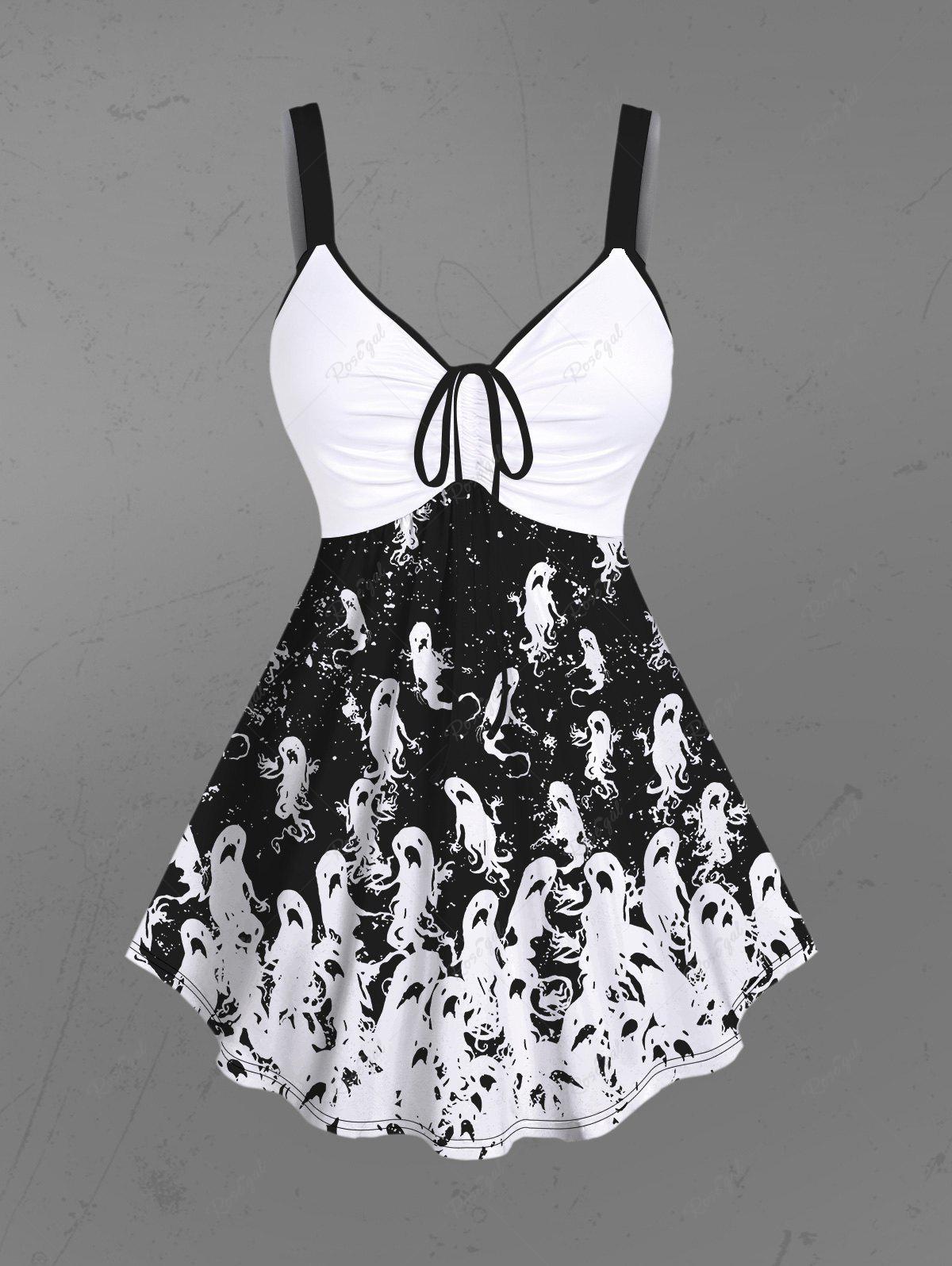 💗Tabbytragedy Loves💗 Gothic Ghost Print Cinched Halloween Tank Top