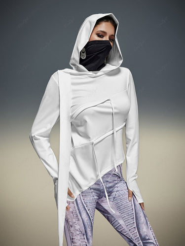 Gothic Plus Size Ribbon Drawstring Asymmetric Solid Pullover Hooded Tops(3 Days Delivery)