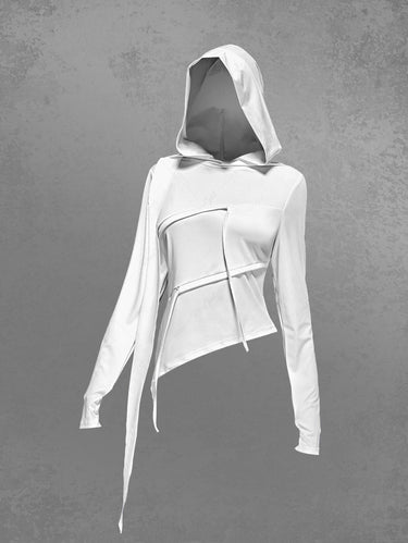 Gothic Plus Size Ribbon Drawstring Asymmetric Solid Pullover Hooded Tops(3 Days Delivery)