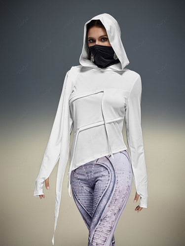 Gothic Plus Size Ribbon Drawstring Asymmetric Solid Pullover Hooded Tops(3 Days Delivery)