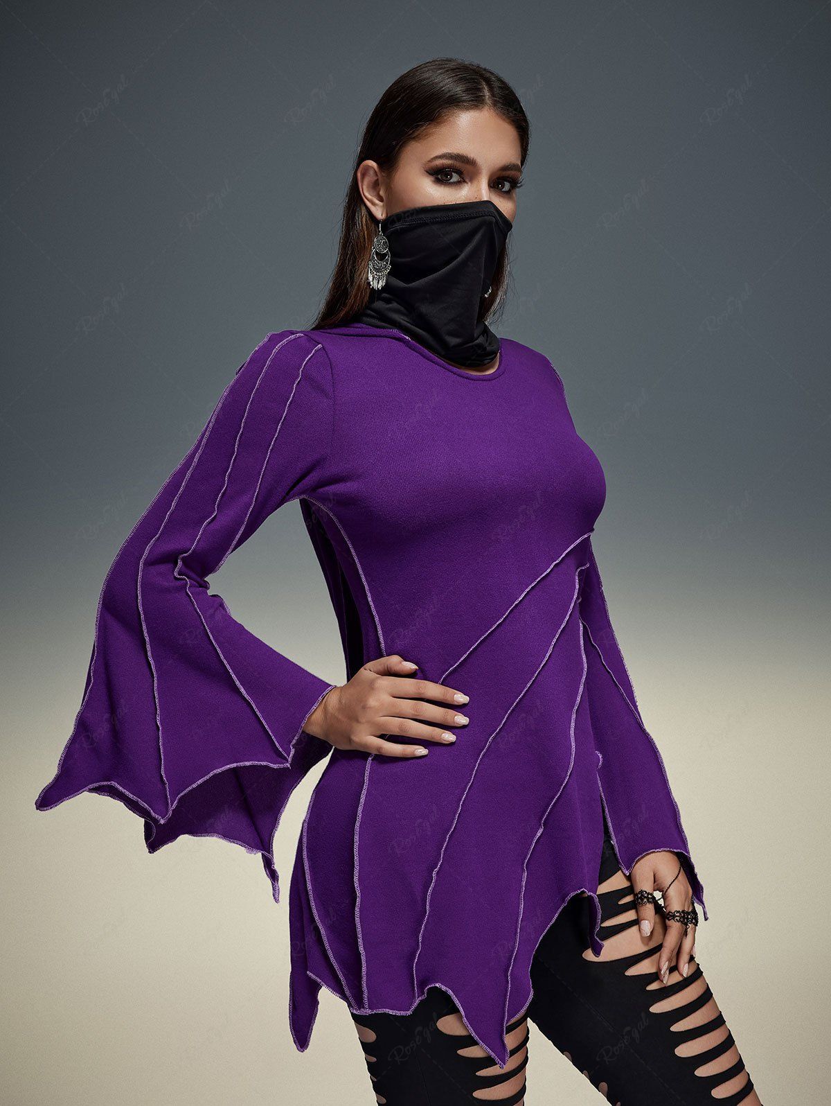Gothic Topstitching Bell Sleeves Asymmetric Hooded Top