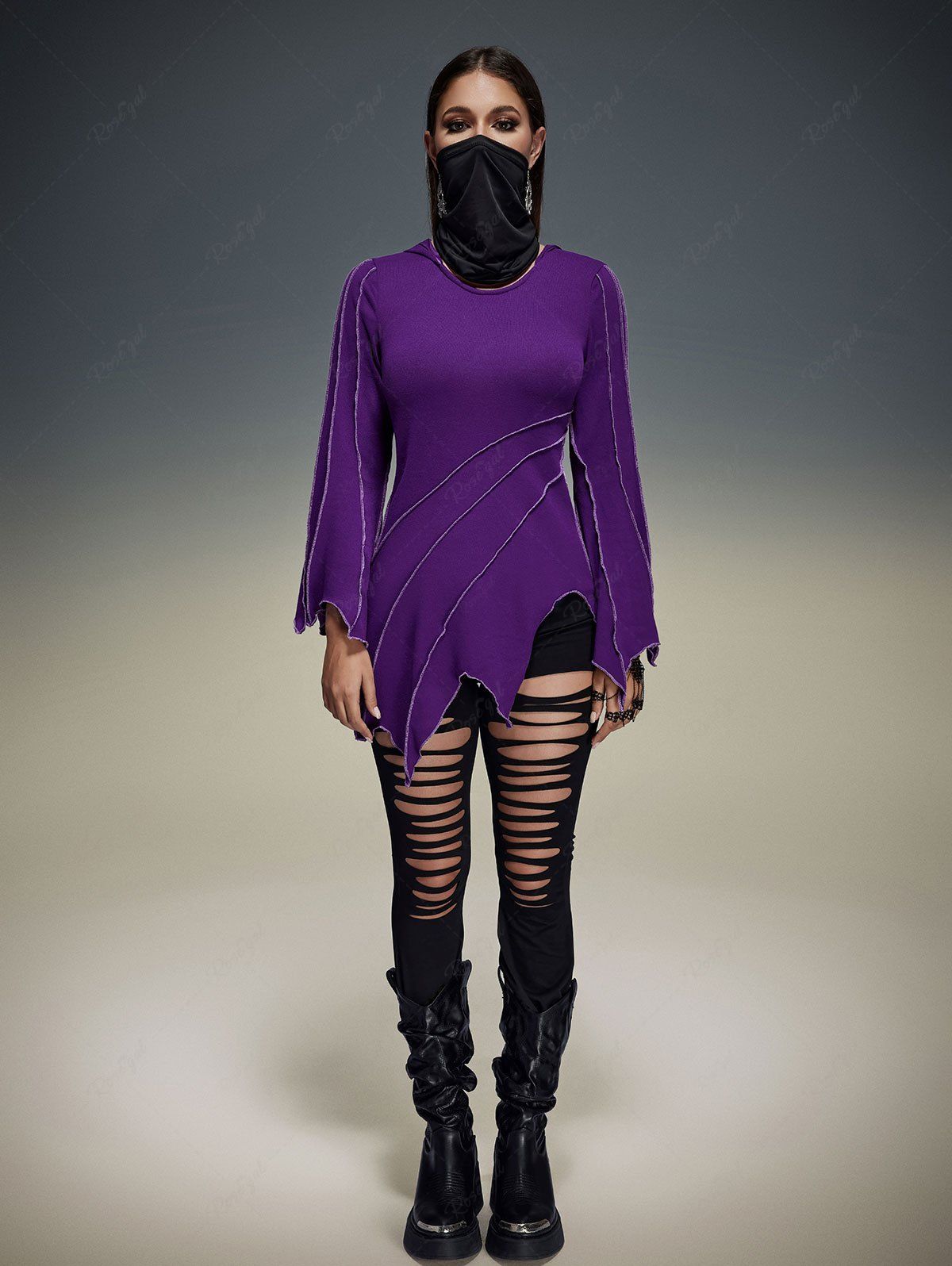 Gothic Topstitching Bell Sleeves Asymmetric Hooded Top