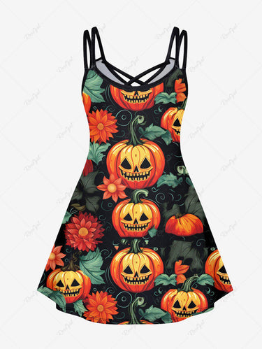 Halloween Costume Gothic Plus Size Pumpkin Leaf Print Crisscross Halloween Cami Dress