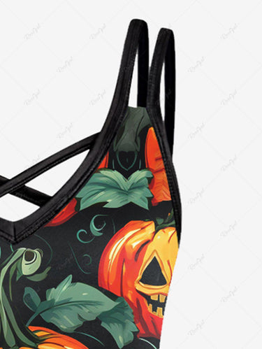 Halloween Costume Gothic Plus Size Pumpkin Leaf Print Crisscross Halloween Cami Dress