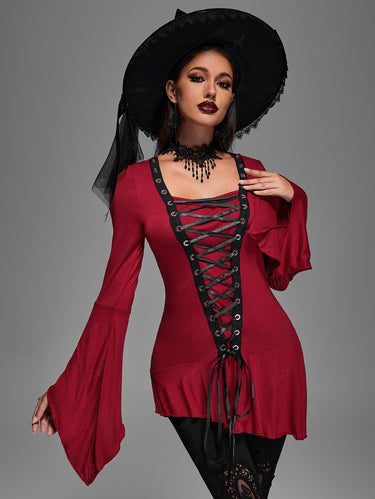Gothic Plus Size Lace Up Ruffles Ruched Flare Sleeves Asymmetric T-shirt