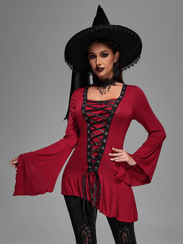 Gothic Plus Size Lace Up Ruffles Ruched Flare Sleeves Asymmetric T-shirt