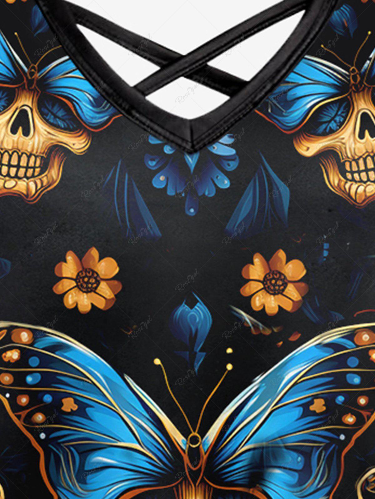 💗Tabbytragedy Loves💗 Gothic Butterfly Skull Floral Glitter Print Crisscross Cami Dress