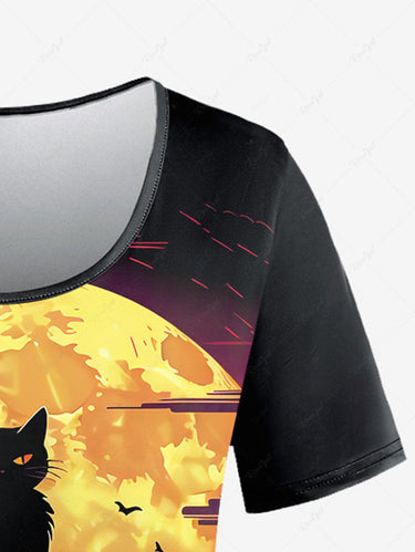 Gothic Plus Size Cat Glitter Moon Cross Print Halloween T-shirt