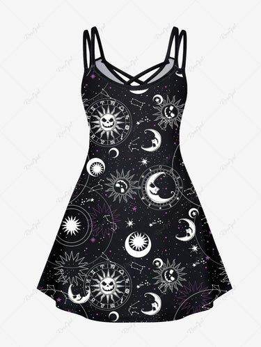 💗Tabbytragedy Loves💗 Gothic Plus Size Sun Moon Star Symbol Skull Print Crisscross Cami Dress