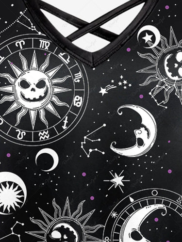 💗Tabbytragedy Loves💗 Gothic Plus Size Sun Moon Star Symbol Skull Print Crisscross Cami Dress