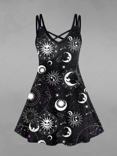 💗Tabbytragedy Loves💗 Gothic Plus Size Sun Moon Star Symbol Skull Print Crisscross Cami Dress
