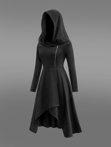 Gothic Plus Size Zipper Ruched Asymmetric Hooded Solid Long Sleeves Halloween A Line Dress