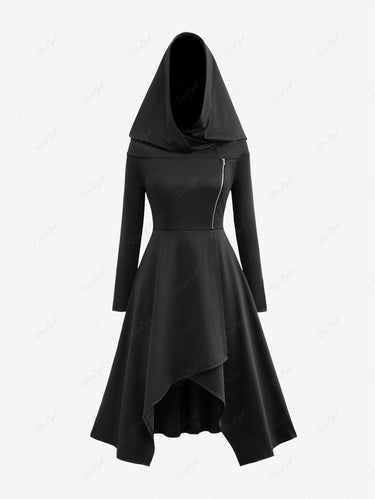 Gothic Plus Size Zipper Ruched Asymmetric Hooded Solid Long Sleeves Halloween A Line Dress