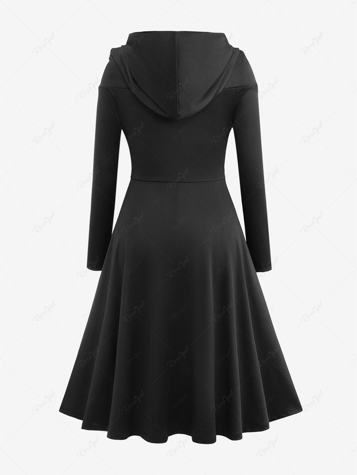 Gothic Zipper Ruched Asymmetric Hooded Solid Long Sleeves A Line Dress