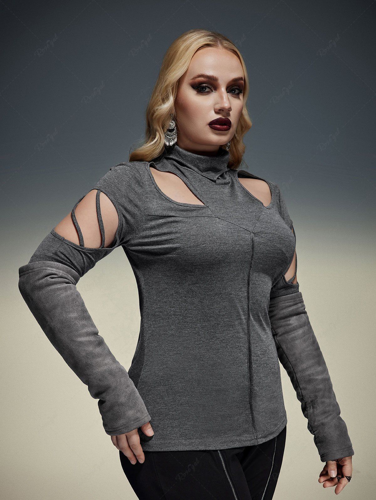 Gothic Hollow Out Cowl Neck Patchwork Long Sleeves T-shirt