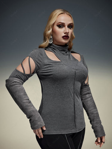 Gothic Plus Size Hollow Out Cowl Neck Patchwork Long Sleeves T-shirt(3 Days Delivery)