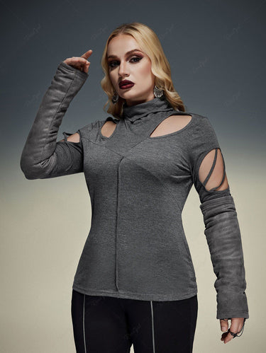Gothic Plus Size Hollow Out Cowl Neck Patchwork Long Sleeves T-shirt(3 Days Delivery)