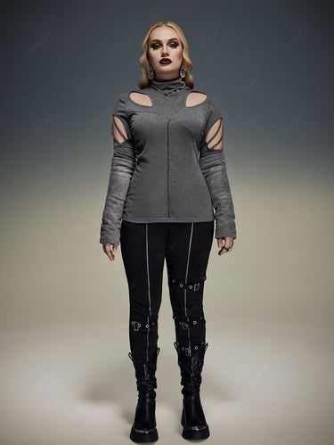 Gothic Plus Size Hollow Out Cowl Neck Patchwork Long Sleeves T-shirt(3 Days Delivery)