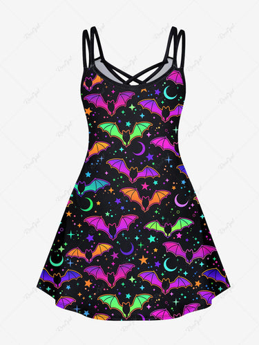 💗LAUREN LOVES💗 Halloween Costume Gothic Plus Size Cute Bat Star Moon Print Crisscross Halloween Cami Dress