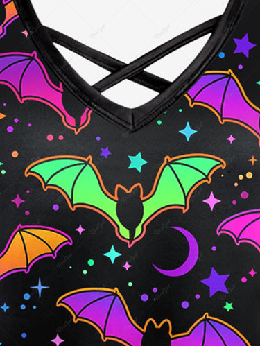 💗LAUREN LOVES💗 Halloween Costume Gothic Plus Size Cute Bat Star Moon Print Crisscross Halloween Cami Dress