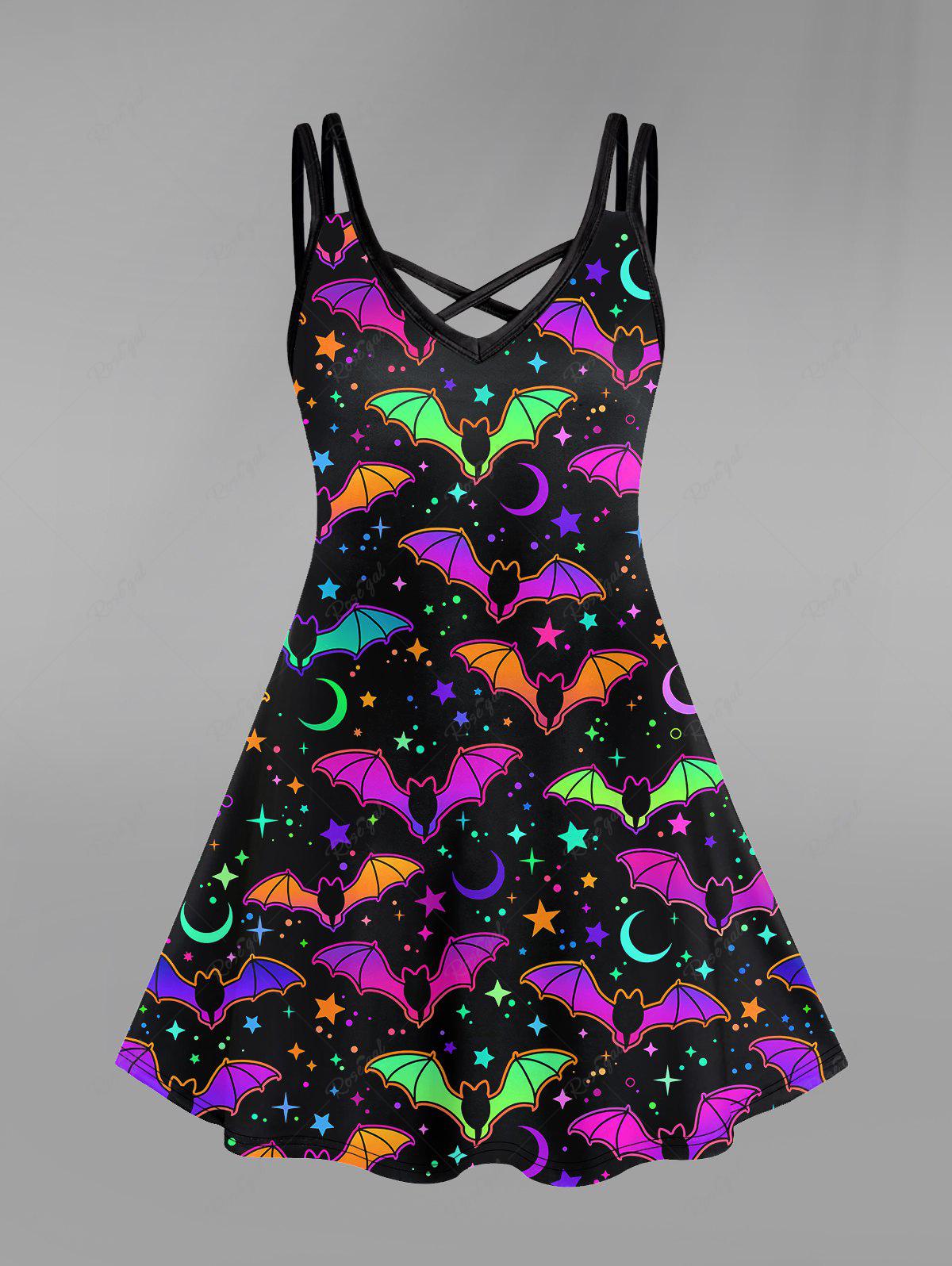 💗LAUREN LOVES💗 Halloween Costume Gothic Cute Bat Star Moon Print Crisscross Halloween Cami Dress
