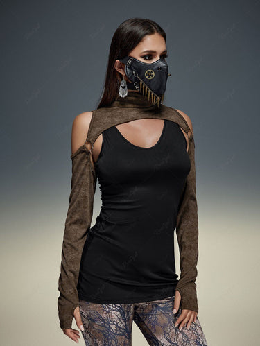 Post-Apocalyptic Style Gothic Plus Size Cowl Neck Cold Shoulder Thumbhole Shrug Top and Basic Tank Top Set