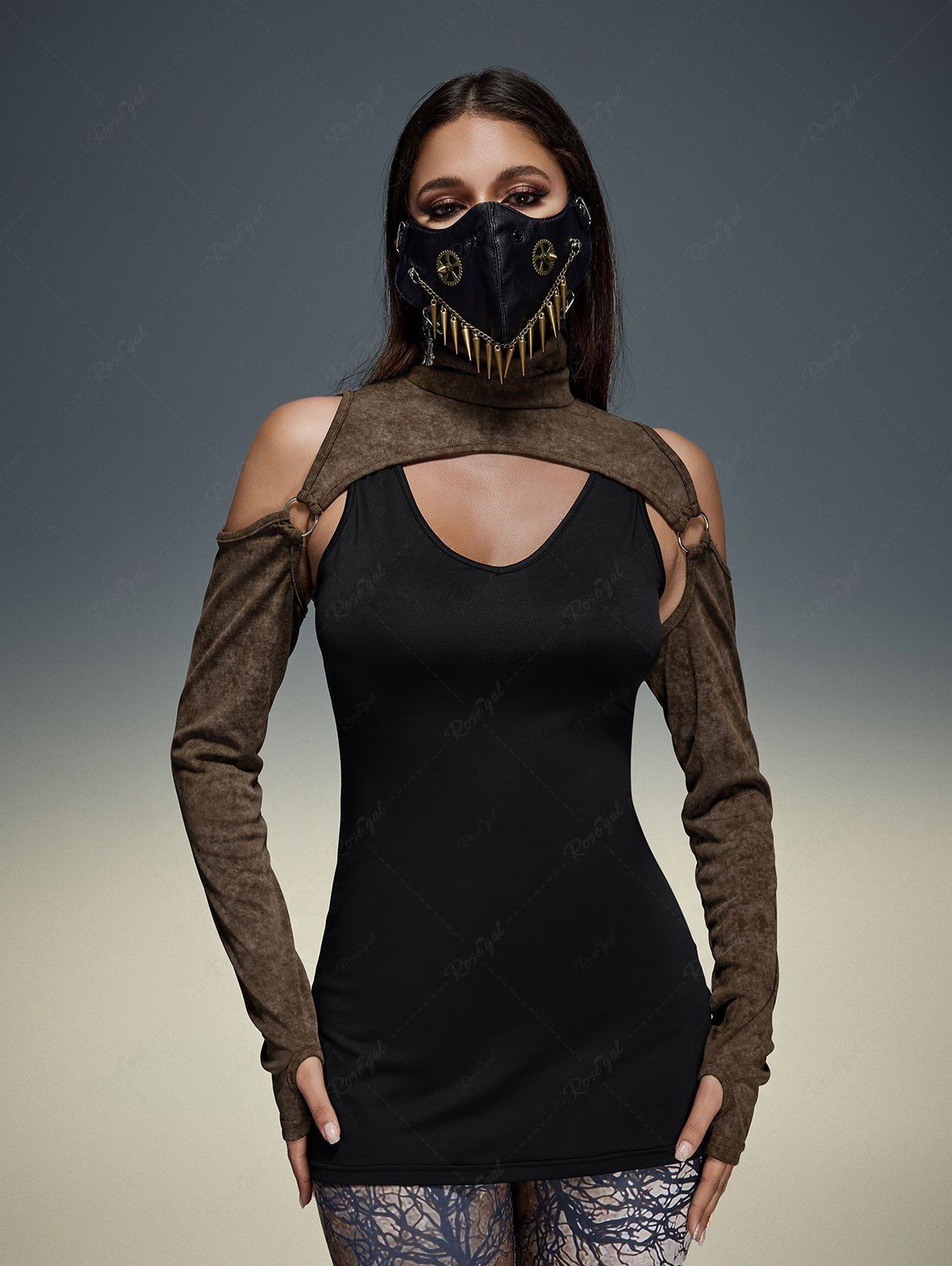 Post-Apocalyptic Style Gothic Cowl Neck Cold Shoulder Thumbhole Shrug Top and Basic Tank Top Set