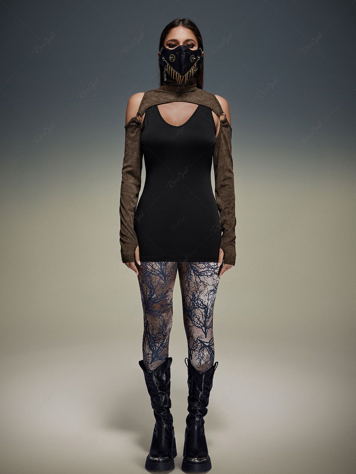 Post-Apocalyptic Style Gothic Cowl Neck Cold Shoulder Thumbhole Shrug Top and Basic Tank Top Set