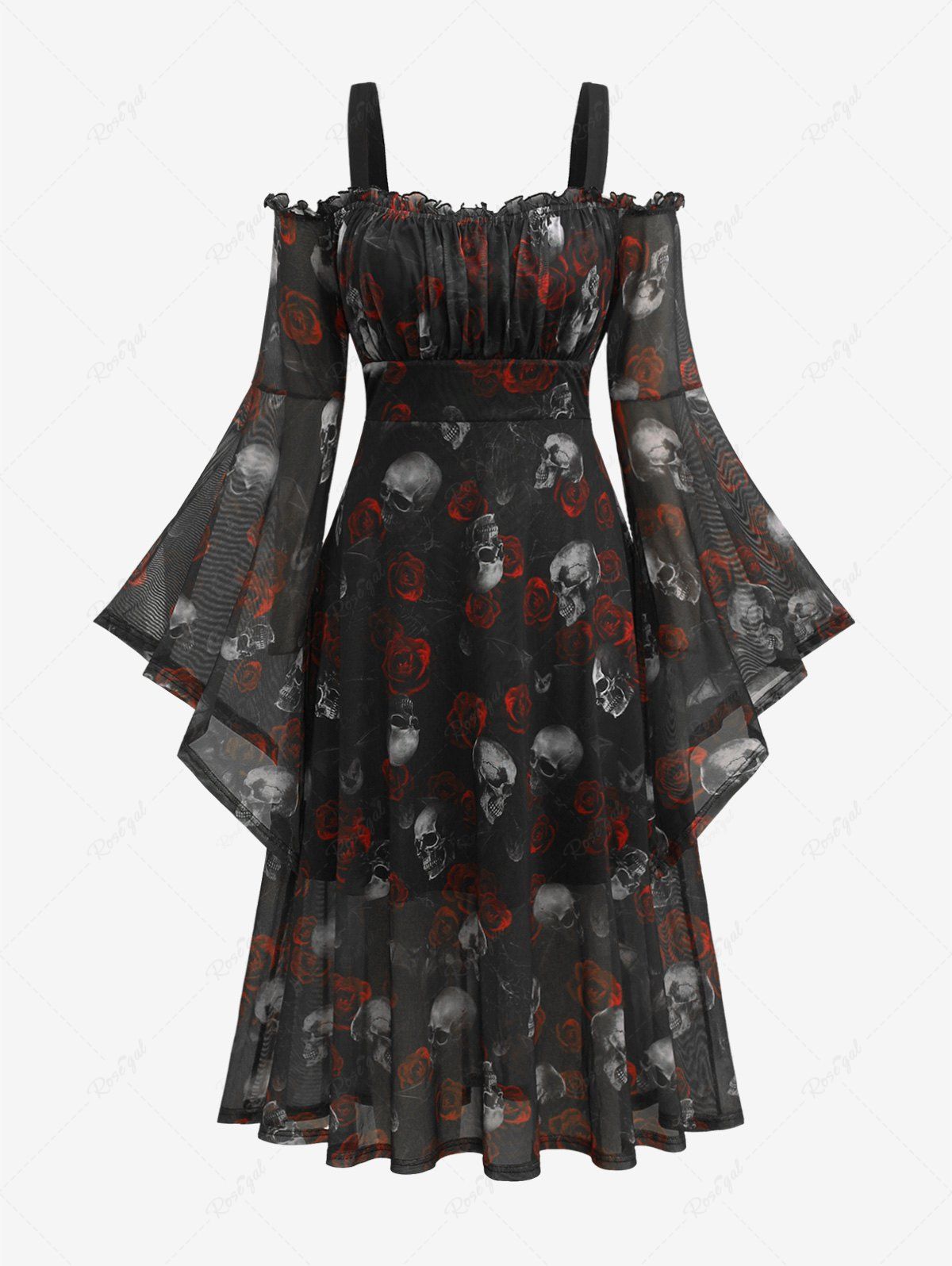 Gothic Skull Rose Print Mesh Bell Sleeves Cold Shoulder Dress