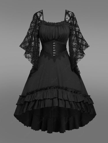 Gothic Plus Size Lace Panel Hook and Eye Layered Ruched High Low Flutter Sleeves Corset HalloweenDress