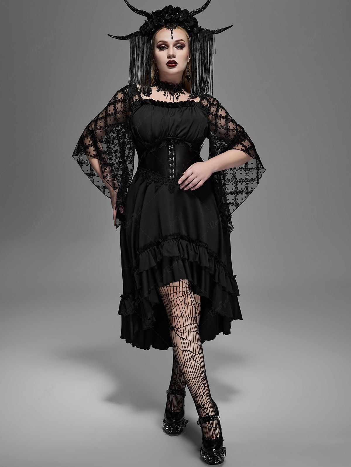 plus size gothic dress Gothic Plus Size Lace Panel Hook and Eye Layered Ruched High Low Flutt – Rgothic