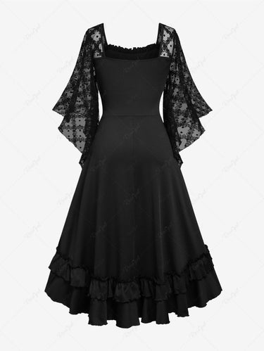 Gothic Plus Size Lace Panel Hook and Eye Layered Ruched High Low Flutter Sleeves Corset HalloweenDress