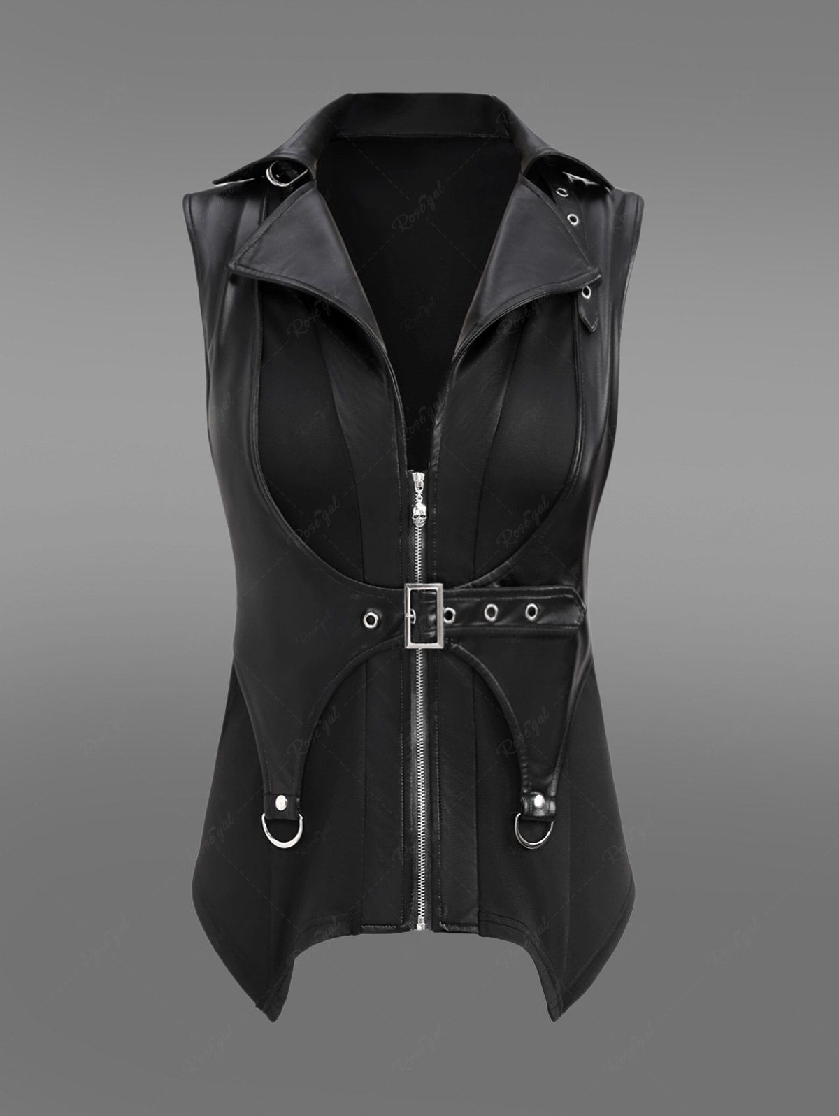 Gothic PU Panel Skull Zipper D-Ring Grommet Buckle Lapel Collar Asymmetric Jacket