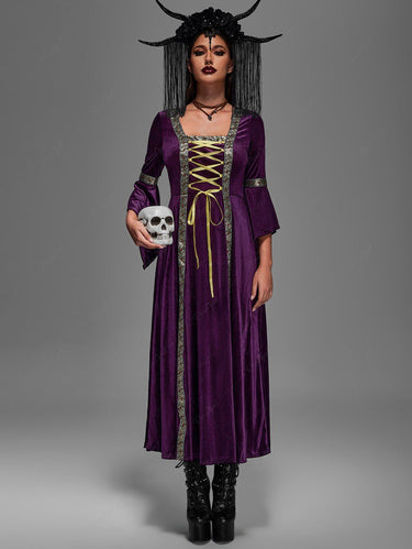 💗Vixtina Loves💗 Plus Size Gothic Lace Up Vintage Bell Sleeves Velvet Maxi Renaissance Medieval Halloween Dress