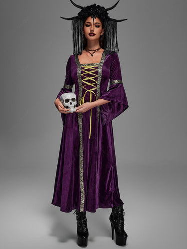 💗Vixtina Loves💗 Plus Size Gothic Lace Up Vintage Bell Sleeves Velvet Maxi Renaissance Medieval Halloween Dress