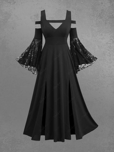 Gothic Plus Size Flower Rose Lace Bell Sleeves Cold Shoulder Stripe Panel Ruched Halloween A Line Dress(3 Days Delivery)