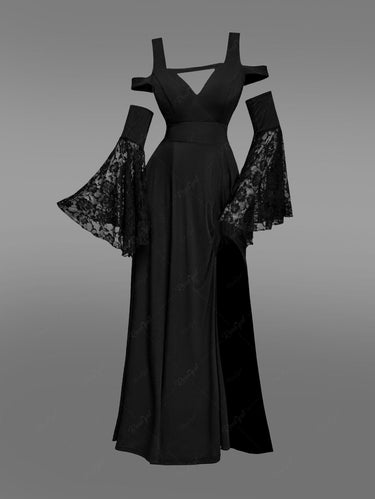 Gothic Plus Size Flower Rose Lace Bell Sleeves Cold Shoulder Stripe Panel Ruched Halloween A Line Dress(3 Days Delivery)