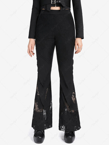 Gothic Plus Size Floral Lace Panel Layered Pockets Solid Flare Pants
