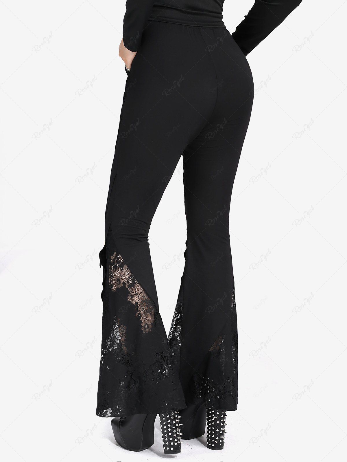 Gothic Floral Lace Panel Layered Pockets Solid Flare Pants